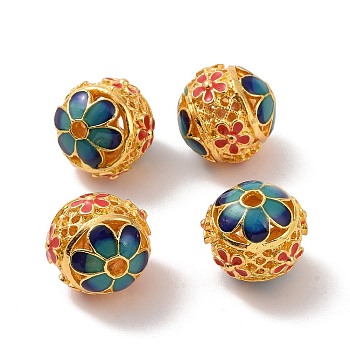 Hollow Alloy Beads, with Enamel, Round with Flower, Matte Gold Color, Red, 14mm, Hole: 2mm