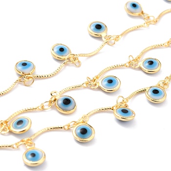 3.28 Feet Handmade Golden Brass Bar Link Chains, with Glass Charms, Soldered, Long-Lasting Plated, Flat Round with Evil Eye, Deep Sky Blue, 15x1x1mm