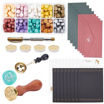 CRASPIRE DIY Scrapbook Making Kits, Including Sealing Wax Particles, Paper Envelope, Letter Writing Paper, Pear Wood Handle, Brass Wax Seal Stamp Head, Marking Pen, Brass Spoon, Candles, Mixed Color, Sealing Wax Particles: 300pcs