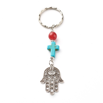 Natural & Dyed Malaysia Jade Bead and Synthetic Turquoise beads Keychain, with Tibetan Style Alloy Pendants, Spacer Beads and Iron Eye Pin, Cross & Hamsa Hand/Hand of Fatima/Hand of Miriam with Eye, 10cm