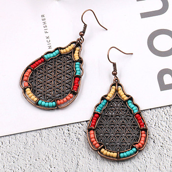 Bohemian Style Alloy Dangle Earrings, with Seed Beads, Teardrop, Colorful, Red Copper, 65x32mm