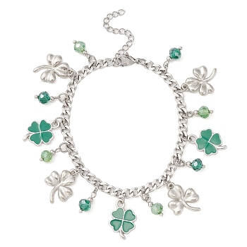 Alloy Clover & Glass Charm Bracelet with 304 Stainless Steel Curb Chains for Saint Patrick's Day, Stainless Steel Color, 7-3/8 inch(18.7cm)