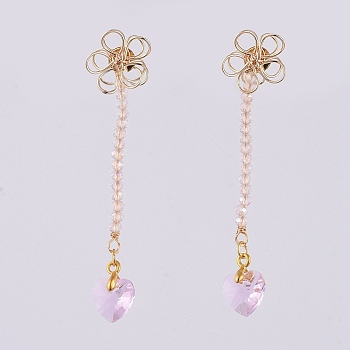 Stud Earrings, with Heart Glass Charms, Rondelle Glass Beads, Iron Stud Earring Findings, Brass Wire Beads & Ear Nuts, Pearl Pink, 64mm, Pendant: 14x10x5.9mm, Pin: 0.6mm
