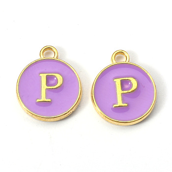 Golden Plated Alloy Enamel Charms, Enamelled Sequins, Flat Round with Letter, Medium Purple, Letter.P, 14x12x2mm, Hole: 1.5mm