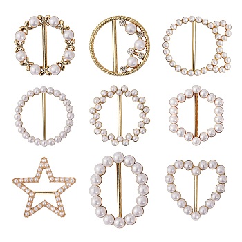 9Pcs 9 Style Alloy Buckles, with Imitaion Pearl & Rhinestone, Mix-shaped, Light Gold, 30~50x30~50mm, 1pc/style