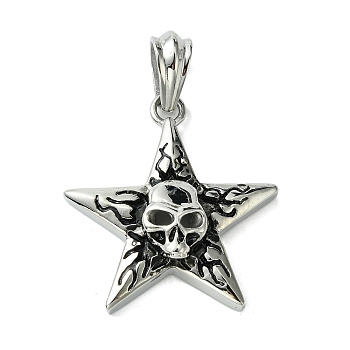 304 Stainless Steel Big Pendants, Star with Skull Charms, Antique Silver, 59.5x41.5x9mm, Hole: 7.5x11.5mm