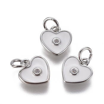 Brass Micro Pave Cubic Zirconia Pendants, with Enamel, Heart, Platinum, White, 10x9x2mm, Hole: 3mm
