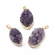 Natural Amethyst Druzy Pendants, with Rack Plating Brass Findings, Cadmium Free & Lead Free, Oval Links, Light Gold, 27~31x16~18x11~13mm, Hole: 8x5mm(G-C002-05LG)
