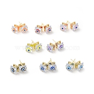 Square Glass with Enamel Evil Eye Stud Earrings, Real 18K Gold Plated Brass Jewelry for Women, Mixed Color, 9x9mm, Pin: 0.7mm(EJEW-P210-03G)