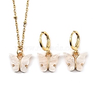 Glitter Powder Butterfly Jewelry Sets, 304 Stainless Steel Cable Chains Pendant Necklaces & Brass Hoop Earring, with Alloy Resin Pendants and Lobster Claw Clasps, Golden, Floral White, 17.52 inch(44.5cm), 25mm, Pin: 1x0.8mm(SJEW-JS01113-04)