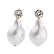 Sterling Silver Stud Earrings, with ABS Imitation Pearl Beaded, with Cubic Zirconia, Real 18K Gold Plated, 27x13.5mm(EJEW-N055-51G)