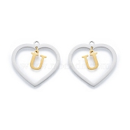 201 Stainless Steel Pendants, Hollow, Heart with Letter A~Z, Real Gold Plated & Stainless Steel Color, Letter.U, 29x29.5x1mm, Hole: 2mm, A~Z: 12x8~10.5x1mm(STAS-N090-LA894-U-P)