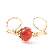 Natural Red Agate Round Beaded Open Cuff Ring, Copper Wire Wrap Gemstone Jewelry for Women, Golden, US Size 9(18.9mm)(RJEW-TA00041-03)