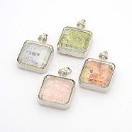 Platinum Plated Brass Glass Floating Locket Pendants, with Mixed Stone Chips Inside, Square, 43x30x13mm, Hole: 4x6mm(G-J295-M)