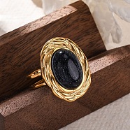 Oval Synthetic Blue Goldstone Finger Rings, 304 Stainless Steel Cuff Rings for Women, Golden, oval: 22x17.5mm, Adjustable(RJEW-M063-01G-15)