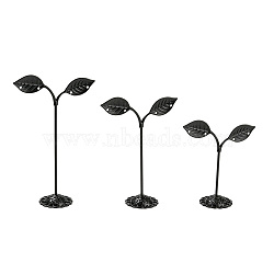 3 Sizes Bean Sprout Leaves Iron Earring Displays, Jewelry Display Rack, Black, 8.4~8.6x3.45~3.5x8.8~14cm, Hole: 2.3mm(EDIS-E013-01A)