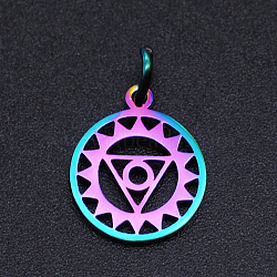 Chakra Theme Ion Plating(IP) 201 Stainless Steel Charms, Laser Cut Pendants, with Jump Rings, Flat Round, Rainbow Color, Vishuddha, 13.5x11.5x1mm, Hole: 3mm(STAS-T054-JN403Q-5)