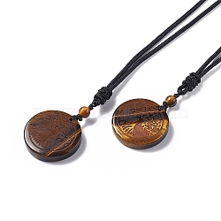 Natural Tiger Eye Flat Round with Tree of Life Pendant Necklace with Nylon Cord for Women, 25.59~27.95 inch(65~71cm)(NJEW-P274-03-01)