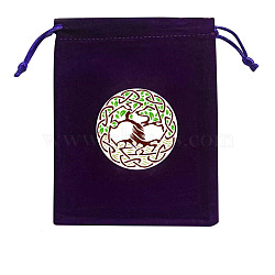 Rectangle Velvet Jewelry Storage Pouches, Tree of Life Printed Drawstring Bags, Lime, 15x12cm(TREE-PW0003-02D)