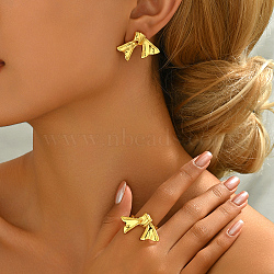 Luxury Bowknot Brass Stud Earrings & Cuff Ring Set, Jewelry Set for Sweet and Cool Ladies, Golden(LC1712)