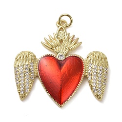 Brass Micro Pave Clear Cubic Zirconia Pendants, with Enamel, Sacred Heart, Real 16K Gold Plated, 32x32x3mm, Hole: 2mm(KK-H466-05G-01)