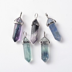 Faceted Bullet Natural Fluorite Double Terminated Pointed Pendants, with Platinum Plated Alloy Findings, Platinum, 36~45x10mm, Hole: 3mm(X-G-J261-B16)