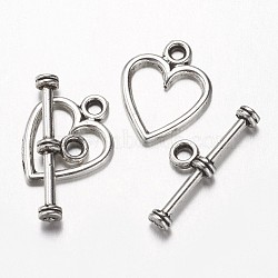 Alloy Toggle Clasps, Heart, Antique Silver, Heart: 14x11.5x1mm, Hole: 1.5mm, Bar: 19x6.5x3mm, Hole: 2mm(X-PALLOY-G151-09AS)