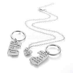 Daddy Mother Daughter Forever Love Family Heart Puzzle Jewelry Sets, Alloy Enamel Pendant Necklaces and Keychain, with Cable Chains and Lobster Claw Clasps, Platinum, 20.27incehs(51.5cm), 65mm(SJEW-K155-02P)