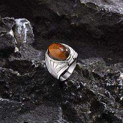 Oval Natural Tiger Eye Finger Rings, Stainless Steel Wide Band Rings, US Size 10(19.8mm)(PW-WG14D78-04)