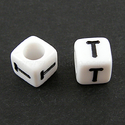 Letter Acrylic European Beads, Horizontal Hole, Cube, Letter.T, 10x10x10mm, Hole: 3.5~4mm, about 598pcs/500g(OPDL-R050-10mm-T)