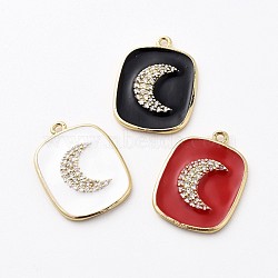 Golden Plated Brass Micro Pave Clear Cubic Zirconia Pendants, with Enamel, Rectangle with Moon, Mixed Color, 21.5x16x2mm, Hole: 1.4mm(KK-F807-22-G)