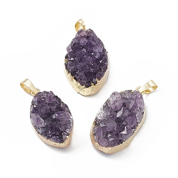 Natural Amethyst Druzy Pendants, with Rack Plating Brass Findings, Cadmium Free & Lead Free, Oval Links, Light Gold, 27~31x16~18x11~13mm, Hole: 8x5mm