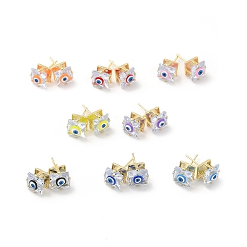 Square Glass with Enamel Evil Eye Stud Earrings, Real 18K Gold Plated Brass Jewelry for Women, Mixed Color, 9x9mm, Pin: 0.7mm