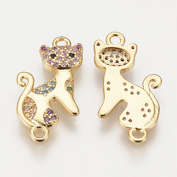 Brass Micro Pave Cubic Zirconia Kitten Links connectors, Cat, Colorful, Golden, 21.5x10.5x2mm, Hole: 1.5mm