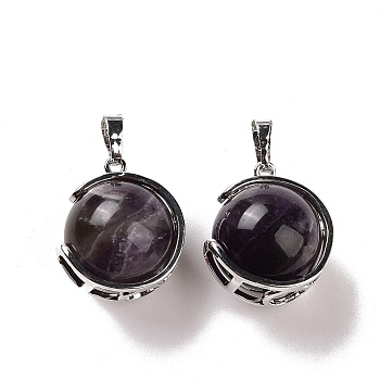 Natural Amethyst Pendants, Ball Sphere Charms with Platinum Tone Brass Findings, 24x21x18mm, Hole: 8x5mm