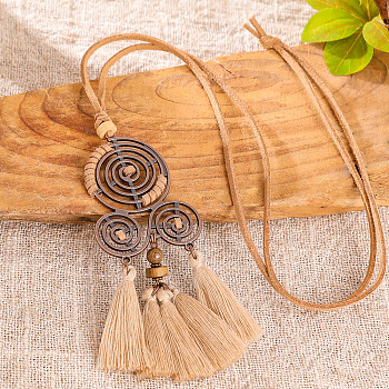 Boho Alloy Spiral and Cotton Tassel Pendant Faux Suede Cord Necklaces, Red Copper, Navajo White, 15.75 inch(40cm), pendant: 115X65mm
