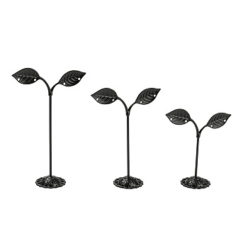 3 Sizes Bean Sprout Leaves Iron Earring Displays, Jewelry Display Rack, Black, 8.4~8.6x3.45~3.5x8.8~14cm, Hole: 2.3mm