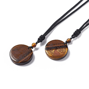 Natural Tiger Eye Flat Round with Tree of Life Pendant Necklace with Nylon Cord for Women, 25.59~27.95 inch(65~71cm)