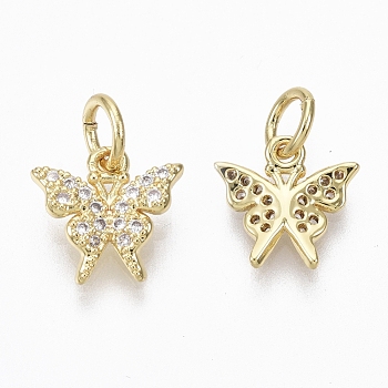 Brass Micro Pave Cubic Zirconia Charms, with Jump Ring, Nickel Free, Butterfly, Clear, Real 18K Gold Plated, 9.5x10x2mm, Hole: 3mm