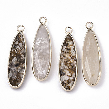 Natural Flower Agate Pendants, with Light Gold Plated Brass Edge and Loop, Faceted, Teardrop, 35~36x10x5mm, Hole: 2.5mm