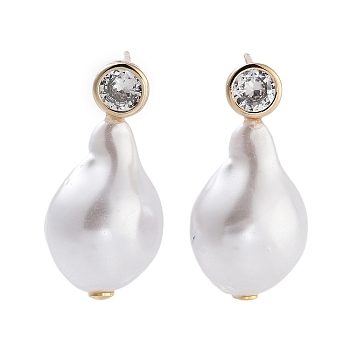 Sterling Silver Stud Earrings, with ABS Imitation Pearl Beaded, with Cubic Zirconia, Real 18K Gold Plated, 27x13.5mm