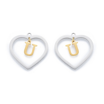 201 Stainless Steel Pendants, Hollow, Heart with Letter A~Z, Real Gold Plated & Stainless Steel Color, Letter.U, 29x29.5x1mm, Hole: 2mm, A~Z: 12x8~10.5x1mm