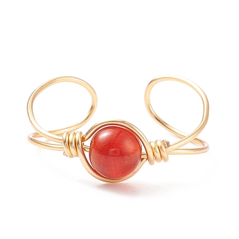 Natural Red Agate Round Beaded Open Cuff Ring, Copper Wire Wrap Gemstone Jewelry for Women, Golden, US Size 9(18.9mm)