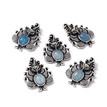 Natural Aquamarine Pendants, Nine-Tailed Fox Charms, with Antique Silver Color Brass Findings, 30x23x6mm, Hole: 4x2mm