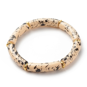 Acrylic Curved Tube Beaded Stretch Bracelet, Chunky Bamboo Friendship Braceelet for Women, Bisque, Inner Diameter: 2-1/8 inch(5.3cm)