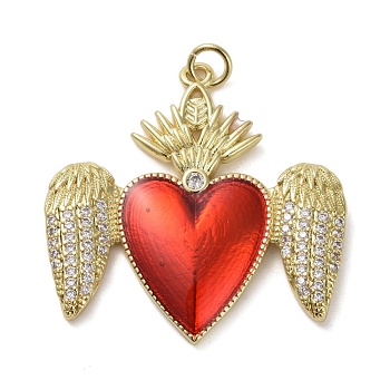 Brass Micro Pave Clear Cubic Zirconia Pendants, with Enamel, Sacred Heart, Real 16K Gold Plated, 32x32x3mm, Hole: 2mm