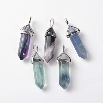 Faceted Bullet Natural Fluorite Double Terminated Pointed Pendants, with Platinum Plated Alloy Findings, Platinum, 36~45x10mm, Hole: 3mm