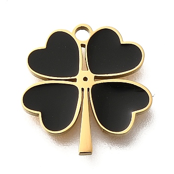 304 Stainless Steel Four Leaf Clover Charms, with Plastic Imitation Shell, Ion Plating(IP), Black, Golden, 12x12x1.2mm, Hole: 1.2mm