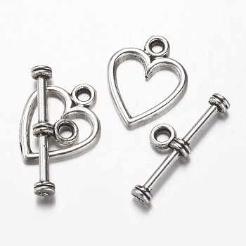 Alloy Toggle Clasps, Heart, Antique Silver, Heart: 14x11.5x1mm, Hole: 1.5mm, Bar: 19x6.5x3mm, Hole: 2mm