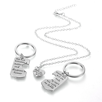 Daddy Mother Daughter Forever Love Family Heart Puzzle Jewelry Sets, Alloy Enamel Pendant Necklaces and Keychain, with Cable Chains and Lobster Claw Clasps, Platinum, 20.27incehs(51.5cm), 65mm